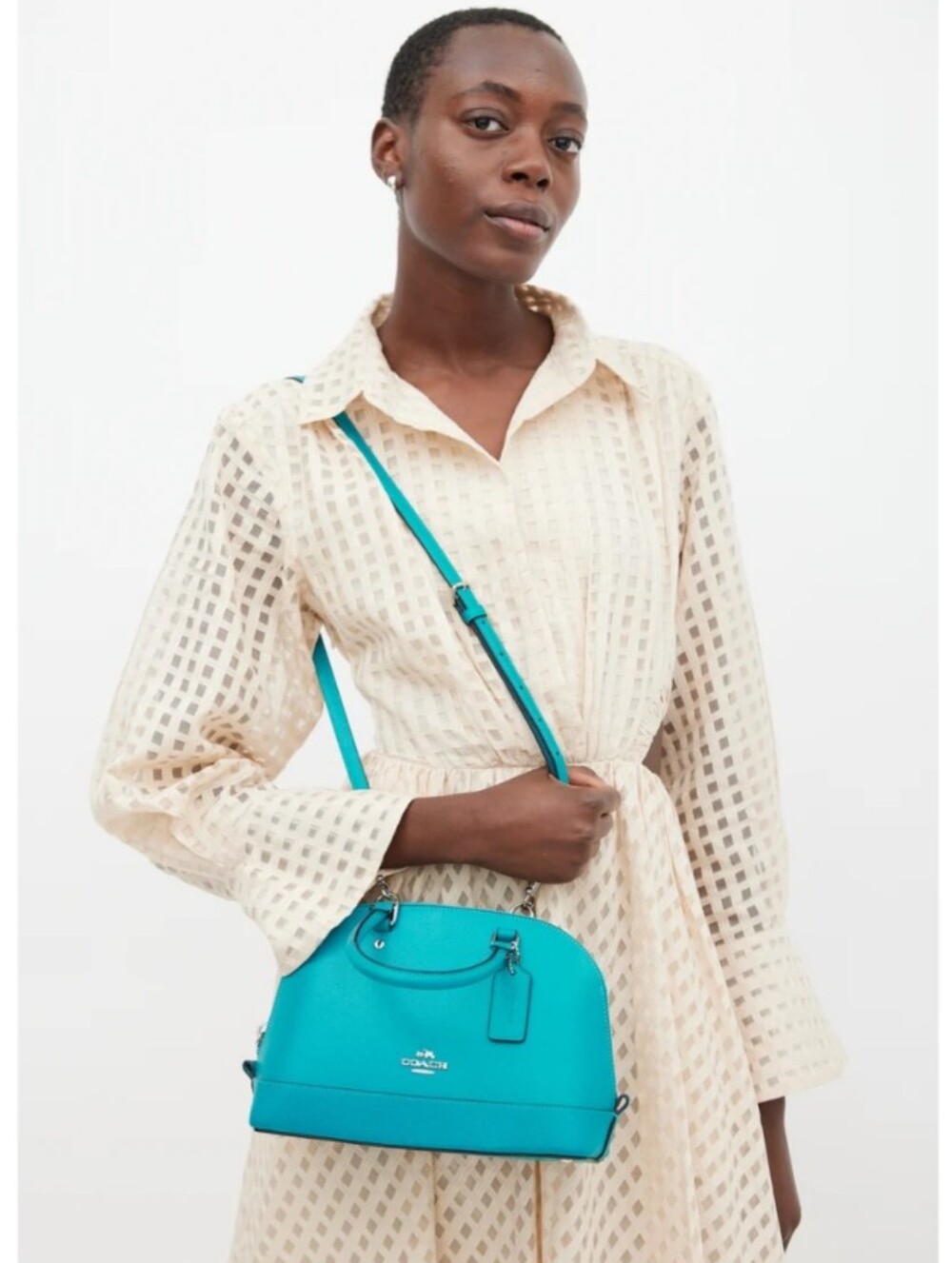 Coach-Crossgrain Mini Sierra Satchel Crossbody Bag (Turquoise/Silver ) 🩵🩶